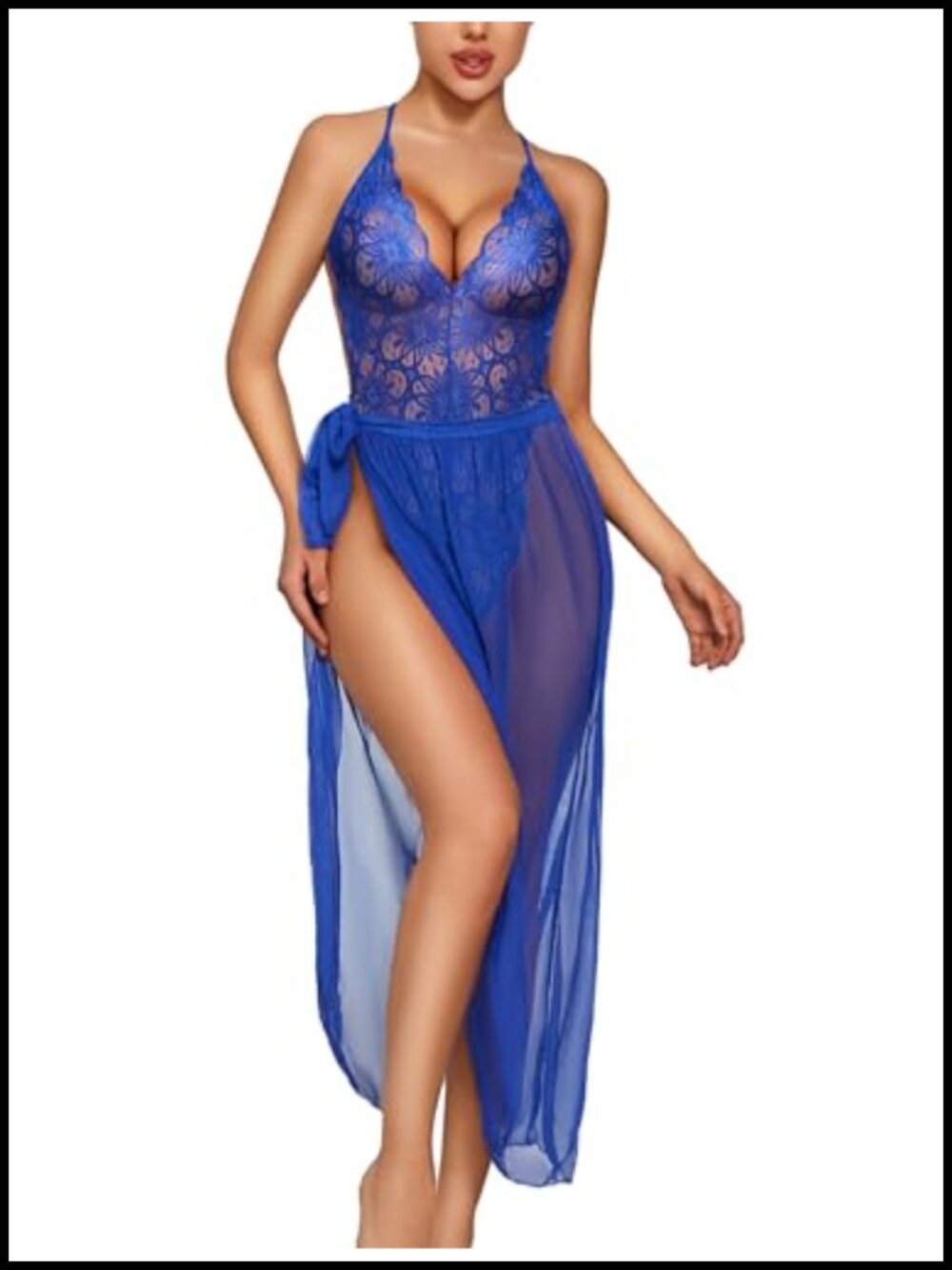 Lace Bodysuit Teddy One Piece Halter Lingerie Set with Mesh Skirt